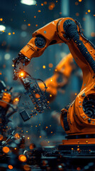 Poster - A robot is working on a piece of machinery. The robot is orange and has a lot of sparks coming from it. The sparks are coming from the robot's metal parts as it works. The scene is intense