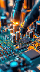 Poster - A close up of a circuit board with a person's hand on it. Concept of precision and focus, as the person carefully works on the delicate electronic components