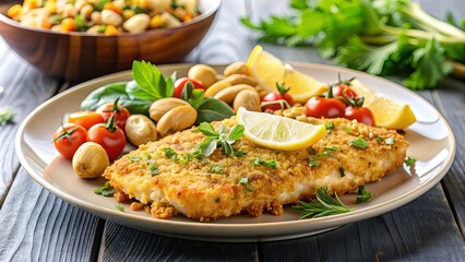 Wall Mural - A delicious plate of cashew-crusted fish fillet served with a side of vegetables and lemon wedge