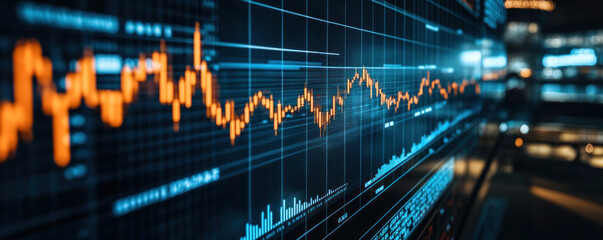 Poster - A graph with orange and blue lines showing a stock market. The graph is very detailed and shows the fluctuations of the stock market