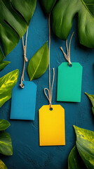 Three tags hanging from a leafy green plant