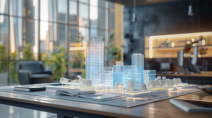 Poster - 3d blue prints of a real estate project on a table in modern office, business 