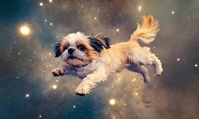 Wall Mural - Small dog floating in outer space with ai generated.
