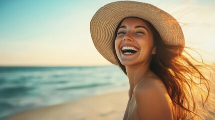 Wall Mural - carefree woman in sunhat laughing at sunny beach hair blowing