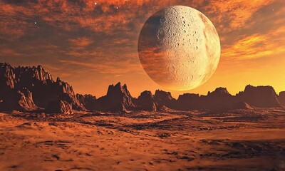 Sticker - Alien desert landscape with large planet in sky with ai generated.

