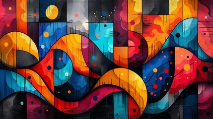 Poster - vibrant abstract mural depicting colorful waves of emotion in urban setting