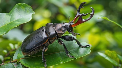 Wall Mural - A stag beetle on a green leaf, showcasing its natural habitat and intricate body structure