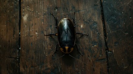 Wall Mural - An overhead shot of a cockroach on a dark wooden floor, showing the contrast between its body and the floor, evoking a sense of discomfort