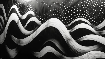 Sticker - Abstract Black and White Waves Artwork With Dots and Curves in Urban Setting