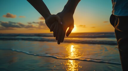 Wall Mural - A couple holds hands as they watch the sunset over the ocean.