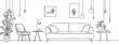 © Максим Зайков - Line interior home art room design illustration outline sketch furniture. Home line sofa interior house doodle continuous lineart one office lamp chair decor hand living table apartment background.