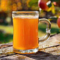 Rustic Pumpkin Cider in a Clear Mug with an Apple Orchard Background