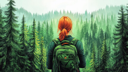 A woman with a backpack is standing in a forest. Concept of adventure and exploration, as the woman is ready to embark on a journey through the woods. The lush green trees