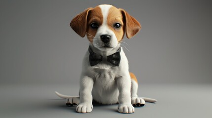 A cute puppy wearing a black bow tie sits in front of a gray background.