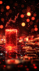 Poster - A red glass is on a table with a bunch of red circles around it. The circles are glowing and the glass is surrounded by a lot of them. The image has a surreal and dreamy feel to it