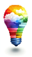 Poster - A colorful light bulb with a rainbow design on it. The light bulb is lit up and has a spiral staircase inside of it