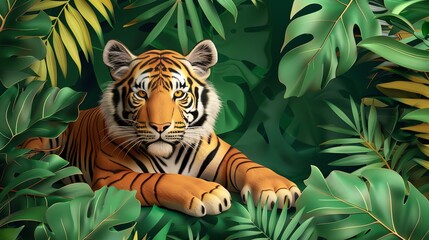 Wall Mural - A tiger lies in the jungle, looking at the camera.