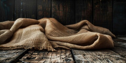 Poster - Burlap Texture on Vintage Wooden Table with Sack Cloth in Dimly Lit Interior and Copy Space