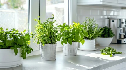 A windowsill in a white kitchen with various potted herbs.