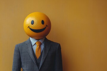 A businessman in a modern suit with a laughing emoji head, yellow background, copy space