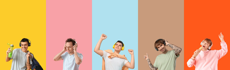 Sticker - Set of different people with headphones listening to music on color background