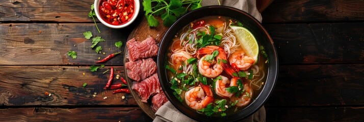 Wall Mural - Shrimp and Beef Pho Soup with Raw Beef Slices on a Wooden Surface