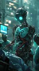 Poster - A robot is standing in front of a group of people. The robot is wearing a blue suit and has a red heart on its chest. The people are watching the robot as it performs a medical procedure