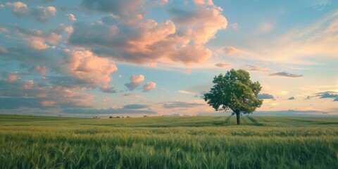 Poster - Colorful clouds in the evening sky over a lush green wheat field in early spring with an oak tree standing tall