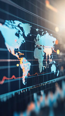 Poster - A computer screen shows a map of the world with a lot of lines and numbers. The map is in shades of blue and red, and it looks like a graph. Scene is serious and analytical