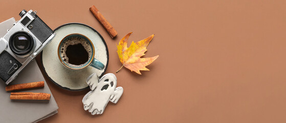 Wall Mural - Composition with cup of aromatic coffee, book and vintage photo camera on color background