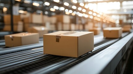 Poster - efficient logistics center with packages and parcels being sorted on conveyor belts for seamless dis