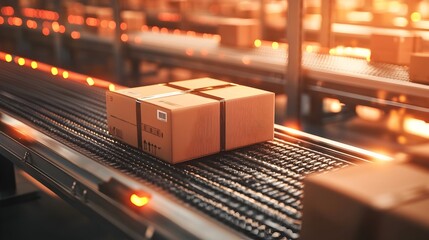 Poster - efficient logistics center with packages and parcels being sorted on conveyor belts for seamless dis