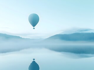 Poster - A 3D rendered image of a blue balloon gently hovering above a quiet reflective lake with an open minimalist composition and a serene watercolor inspired morning ambiance