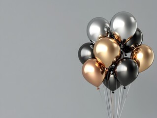 Poster - Captivating 3D rendered metallic balloon cluster in various shapes and sizes floating against a large area for text  Flat design top view modern theme with a vivid animated and stylish aesthetic