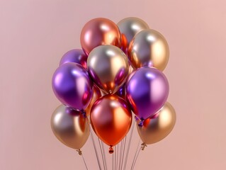 Poster - A 3D rendered composition showcasing a cluster of metallic balloons in diverse geometric shapes including spheres cubes pyramids and prisms floating dynamically against a flat minimalist backdrop