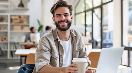 Poster - Portrait of smiling young male businessman working on laptop sitting in modern office drinking coffee in recyclable cup, happy businessman 
