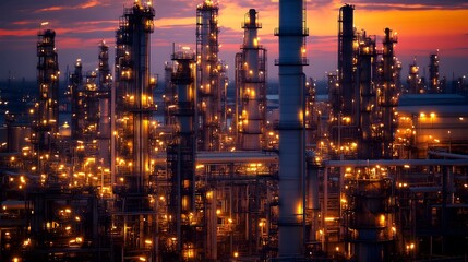 Poster - majestic petrochemical refinery at dawn towering distillation columns and pipelines bathed in warm s