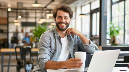 Poster - Portrait of smiling young male businessman working on laptop sitting in modern office drinking coffee in recyclable cup, happy businessman 