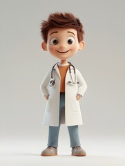 Wall Mural - Friendly and Cheerful 3D Animated Male Character in a Doctor s Coat Holding a Stethoscope Smiling and Standing at the Center of a Medical Clinic or Hospital Setting