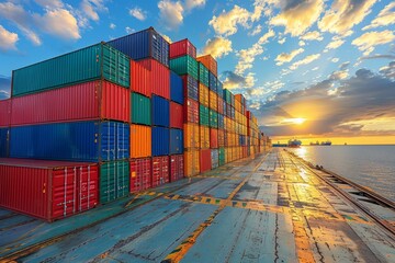 Wall Mural - Colorful shipping containers stacked at sunset by the ocean at the port