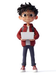 Aufkleber - Fully animated 3D character of a young software developer boy standing at the center holding a laptop in a professional business attire within a modern technology office or workspace environment