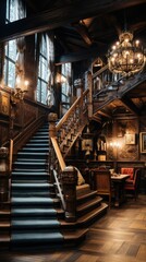 Canvas Print - Bottom view of the wooden staircase in an old castle in light colors. 