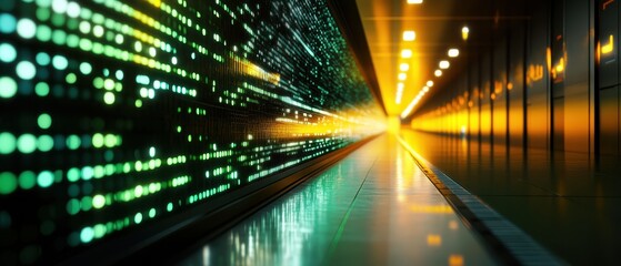 Wall Mural - Futuristic Digital Data Tunnel with Glowing Lights and High-Tech Design in a Modern Server Room