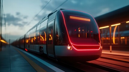 Modern Electric Tram at Sunset in Urban Train Station with Futuristic Design and Illuminated Lights