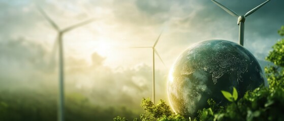 Wall Mural - Sustainable Energy Concept with Wind Turbines and Earth Globe in Lush Green Environment