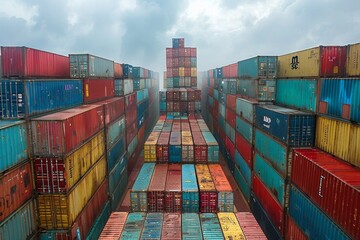 Aerial view of stacked cargo containers at a shipping yard under cloudy skies