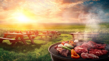 Wall Mural - A picnic table with a grill in the foreground with meat and vegetables. Smoke rises from the grill with a bright sun setting in the background.