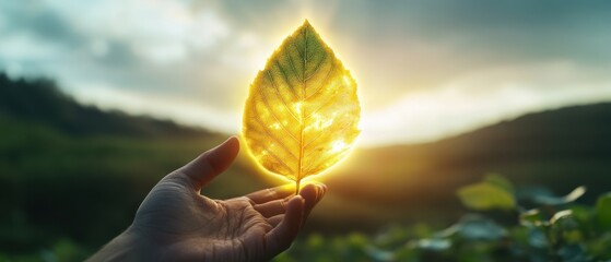 Wall Mural - Hand Holding Glowing Leaf Against Scenic Nature Background at Sunset