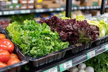 Fresh green and red lettuce displayed in a grocery store produce section