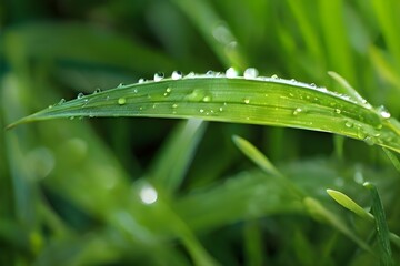 Wall Mural - Vibrant green grass blades covered in morning dew illuminated by natural sunlight representing freshness growth and the beauty of nature in its simplest form Generaive AI